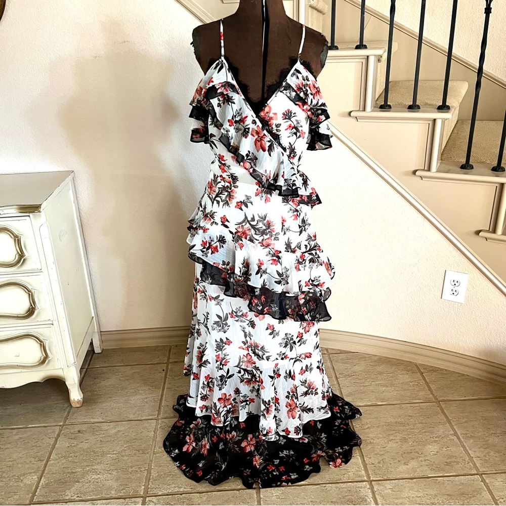 Avec Les Filles Anthropologie Womens Size 12 Floral Tiered Ruffled‎ Maxi Dress